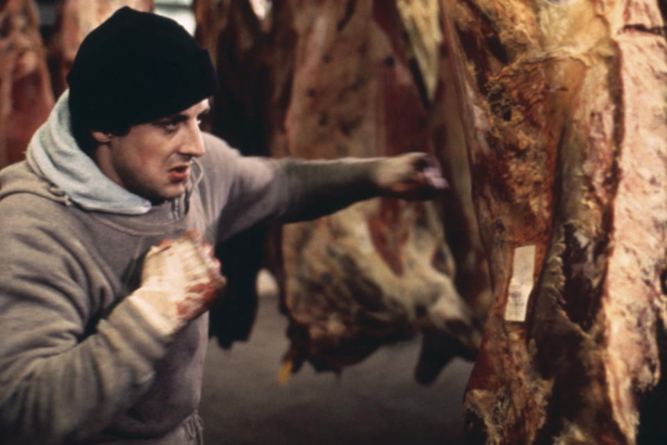 Rocky Sylvester Stallone punching meat while training in a scene from the classic 1976 movie. (Photo by Screen Archives/Getty Images)