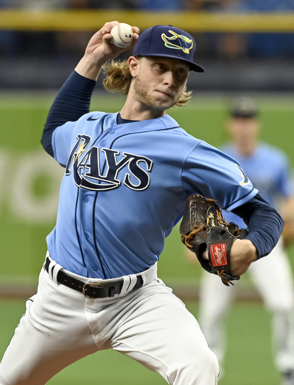 Tampa Bay Rays starter Shane Baz pitches against the Miami Marlins during the first inning of a baseball game Sunday, Sept. 26, 2021, in St. Petersburg, Fla. (AP Photo/Steve Nesius)