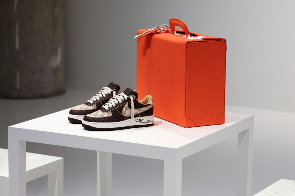 A view of The Louis Vuitton and Nike expression of the “Air Force 1” by Virgil Abloh as Sotheby’s To Auction Louis Vuitton & Nike “Air Force 1” Sneakers By Virgil Abloh For Charity at Sotheby’s on Jan. 21, 2022 in New York City. - Credit: Theo Wargo/Getty Images)