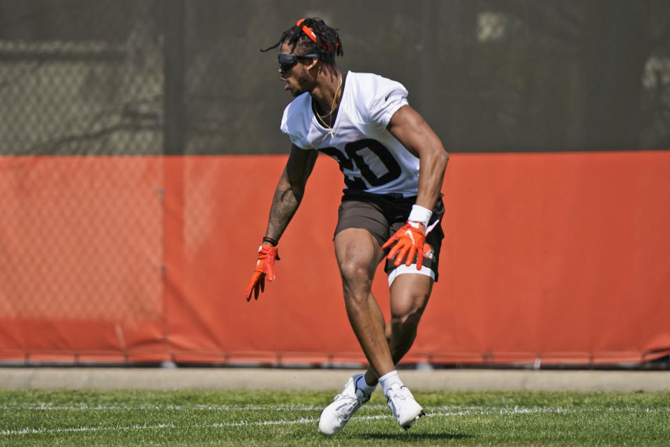 Cleveland Browns Greg Newsome II runs a drill during an NFL football rookie minicamp at the team's training camp facility, Friday, May 14, 2021, in Berea, Ohio. (AP Photo/Tony Dejak)