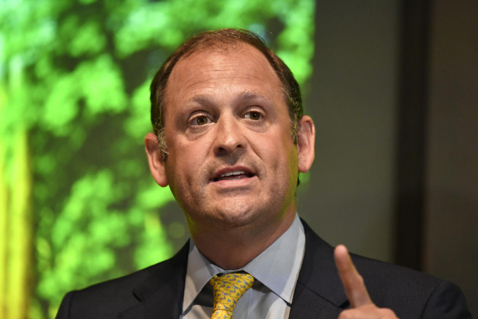 Rep. Andy Barr, R-Ky., speaks before a gathering to celebrate the 25th anniversary of the Kentucky Bourbon Trail at the Frazier History Museum in Louisville, Ky., Thursday, June 20, 2024. (AP Photo/Timothy D. Easley)