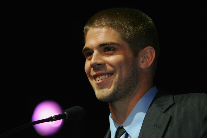 NEW YORK - DECEMBER 08: Quarterback Colt Brennan of the University of Hawaii speaks on stage.