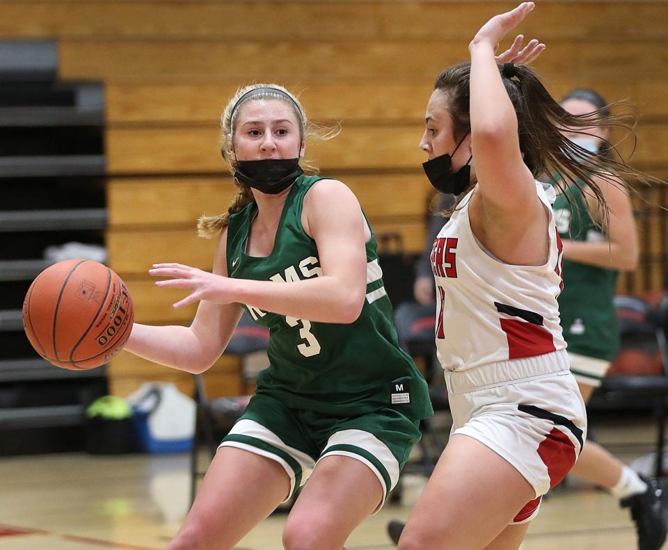 Rams #3 Taylor Brilliant looks for an open player while being guarded by Panther Katelyn Cirillo.Whitman Hanson host Marshfield girls basketball on Friday January 14, 2022  