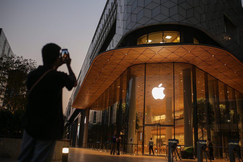 The new Apple Inc. store before its opening in Mumbai, India, on Tuesday, April 18, 2023. Apple's sales drive is set for a boost as it opens its first local store Tuesday in an upscale business district in Mumbai. Photographer: Dhiraj Singh/Bloomberg via Getty Images