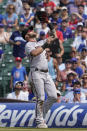 Arizona Diamondbacks first baseman Christian Walker catches a fly ball hit by Chicago Cubs' Javier Baez during the fifth inning of a baseball game in Chicago, Saturday, July 24, 2021. (AP Photo/Nam Y. Huh)