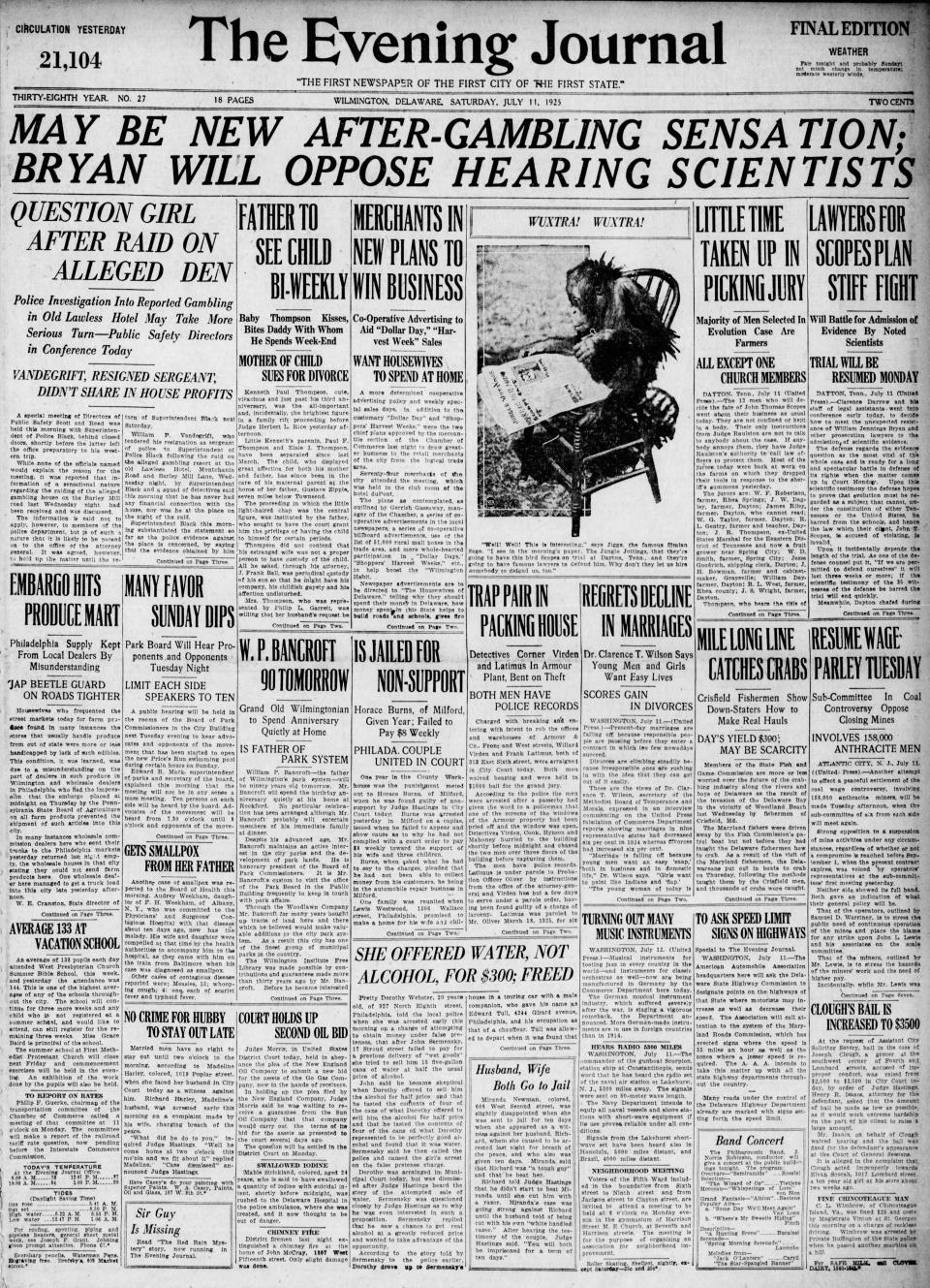 The front page of The Evening Journal from July 11, 1925.