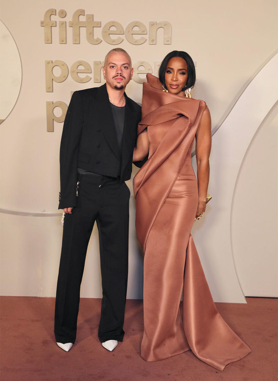 Evan Ross and Kelly Rowland attend the 3rd Annual Fifteen Percent Pledge Gala at Paramount Studios on February 03, 2024 in Los Angeles, California.