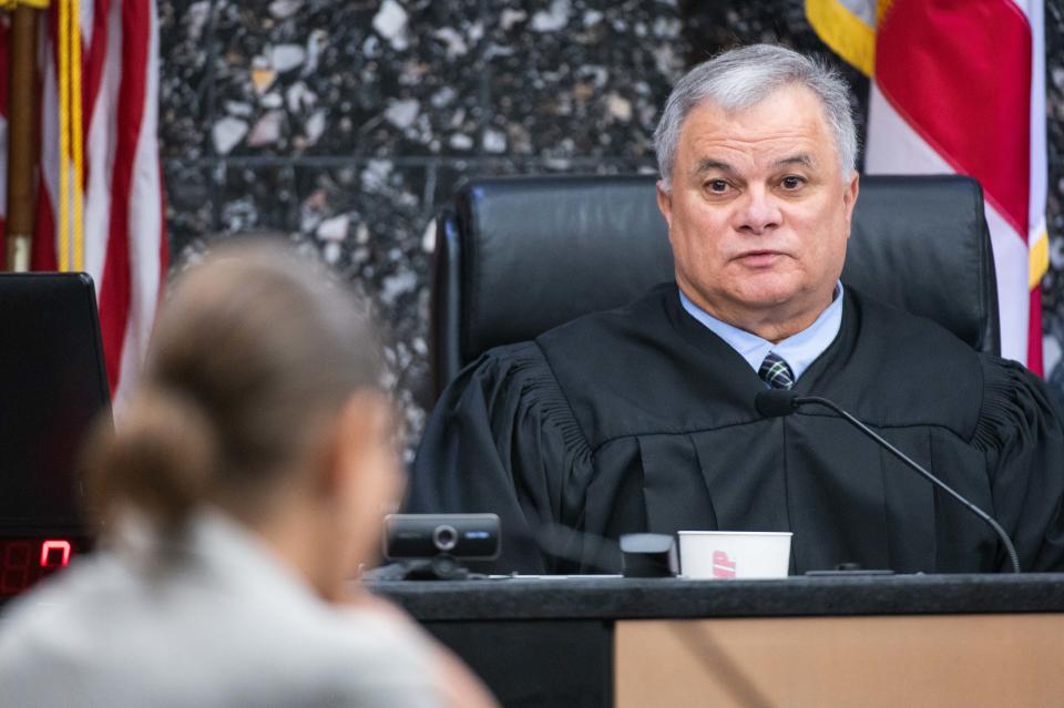 Circuit Judge Howard Coates Jr. of the 15th Circuit listens to Public Defender Renee Sihvola speak during a pre-trial motion hearing in the death penalty case of Larry Darnell Young Jr., who was accused of first-degree murder in a 2021 shooting in West Palm Beach, seen at the Palm Beach County Courthouse on Friday, March 3, 2023, in downtown West Palm Beach, FL.
(Photo: ANDRES LEIVA/PALM BEACH POST)