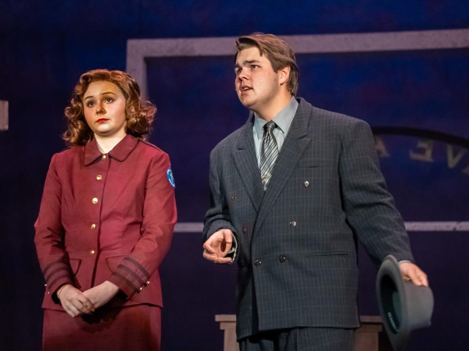 Lila Brighton of Onsted as Sarah Brown and Luke Gorsuch of Jackson as Sky Masterson are pictured in a scene from “Guys and Dolls” at the Croswell Opera House.