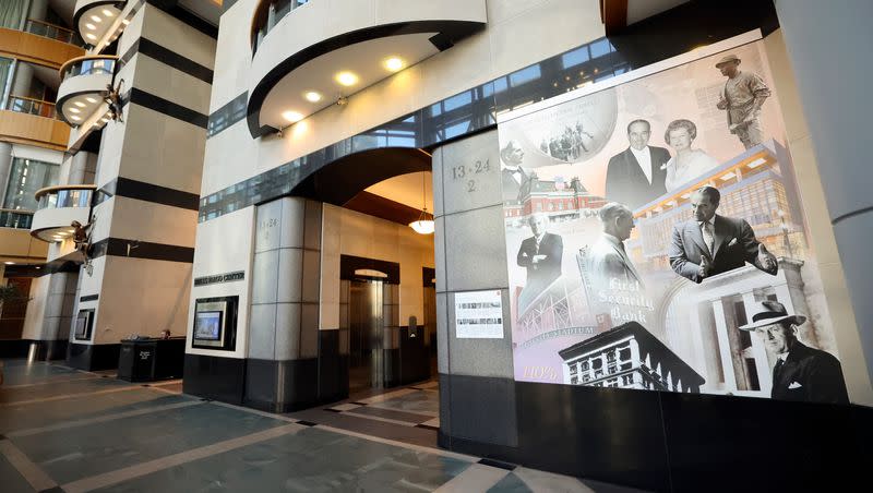 The Eccles and First Security Heritage Mural is on display in the lobby of the Wells Fargo Center in downtown Salt Lake City on Wednesday, Nov. 22, 2023. Images used in the mural are courtesy of The George S. and Dolores Doré Eccles Foundation and Wells Fargo Corporate Archives, in collaboration with the Wells Fargo Community Mural Program.