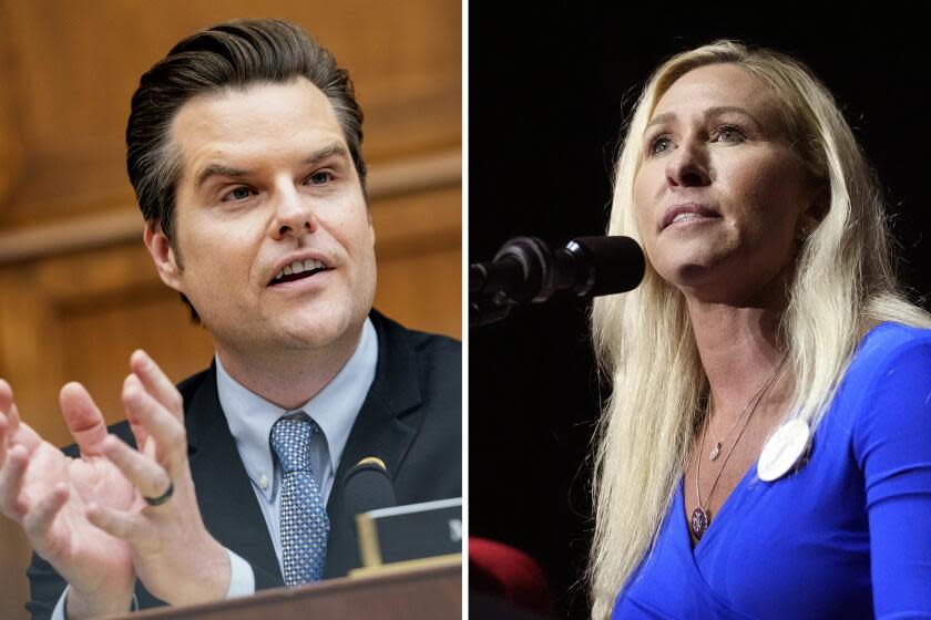 Left; Rep. Matt Gaetz, R-Fla., Right; Rep. Marjorie Taylor Greene, R-Ga.