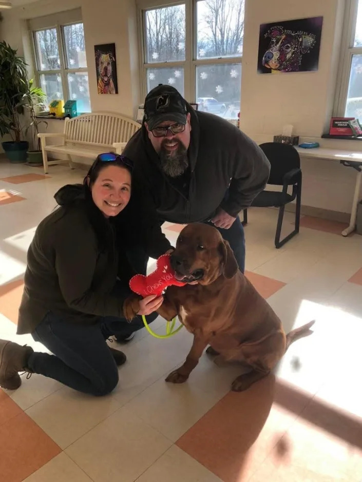 Clifford, a hound mix dog who was rescued from the side of the New Jersey Turnpike near the Exit 6 interchange in late December, is pictured with Lisa and Jack Yochim at the Burlington County Animal Shelter. The Yochim family adopted Clifford on Feb. 22.