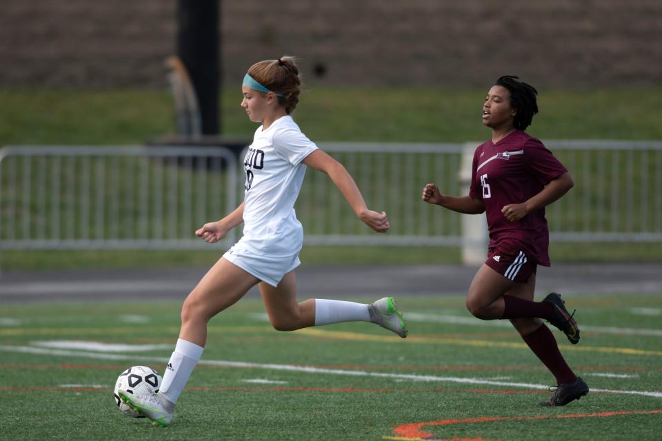 Archbishop Wood's Paige Eckert kicks at Monsignor Bonner and Archbishop Prendergast Catholic High School in Drexel Hill on Monday, Sept. 26, 2022. The Vikings won 11-0. 