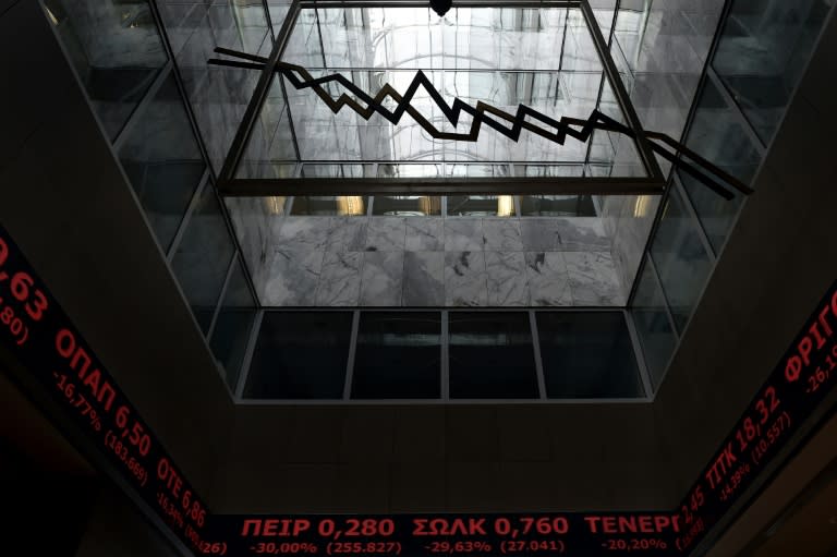 Stock index boards in the lobby of the Athens Stock Exchange in Athens on August 3, 2015