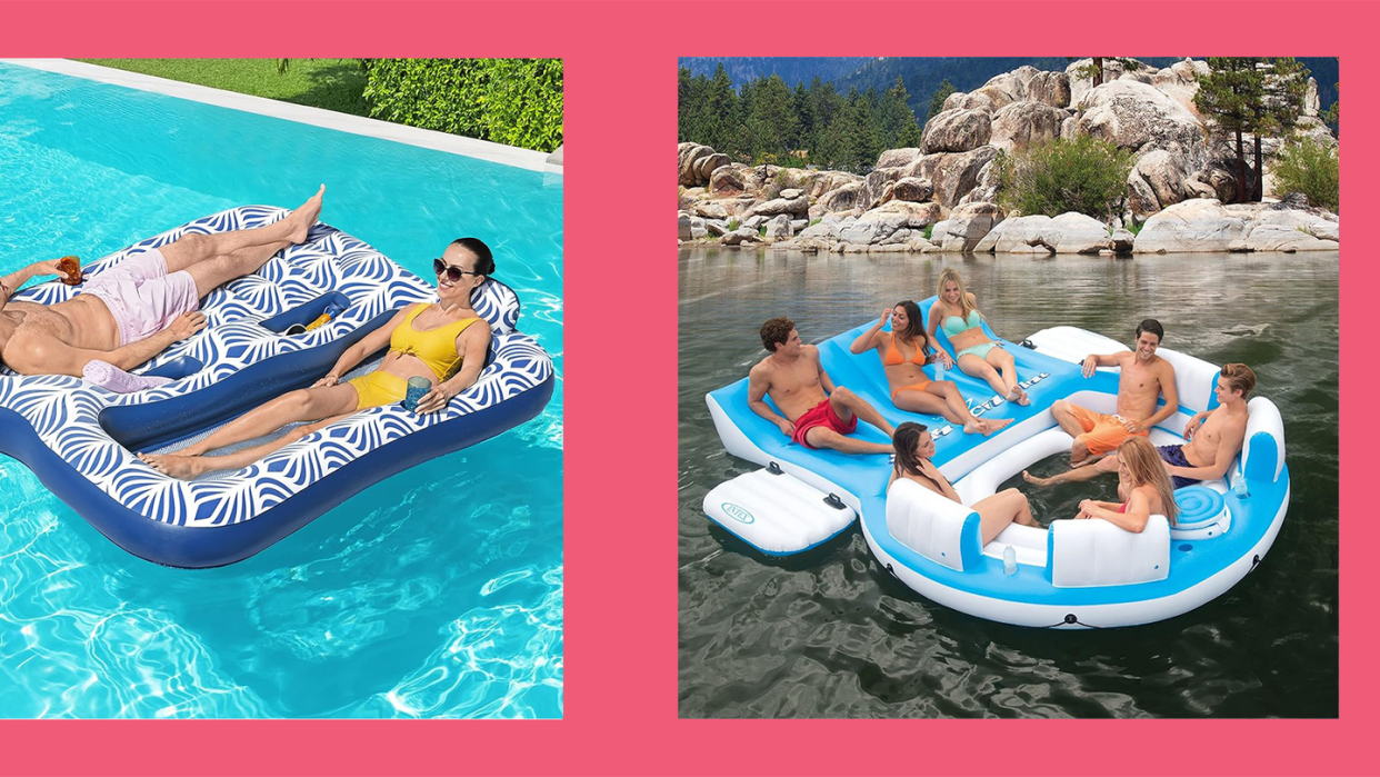 two person pool float and multi person pool raft with people inside