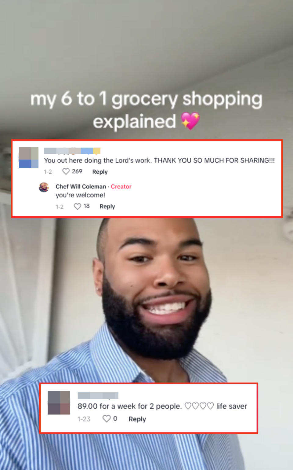 Person smiling, with text "my 6 to 1 grocery shopping explained" above