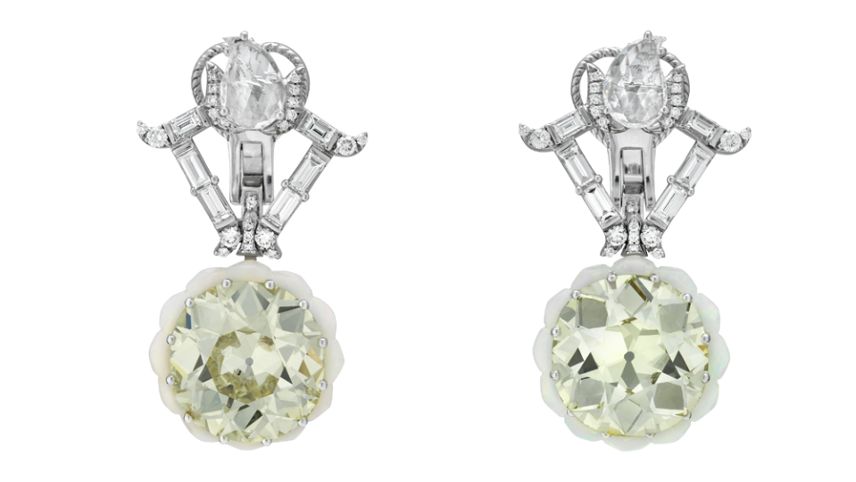 Gucci Old European-Cut Diamond Earrings Set in Floral-Cut Opal