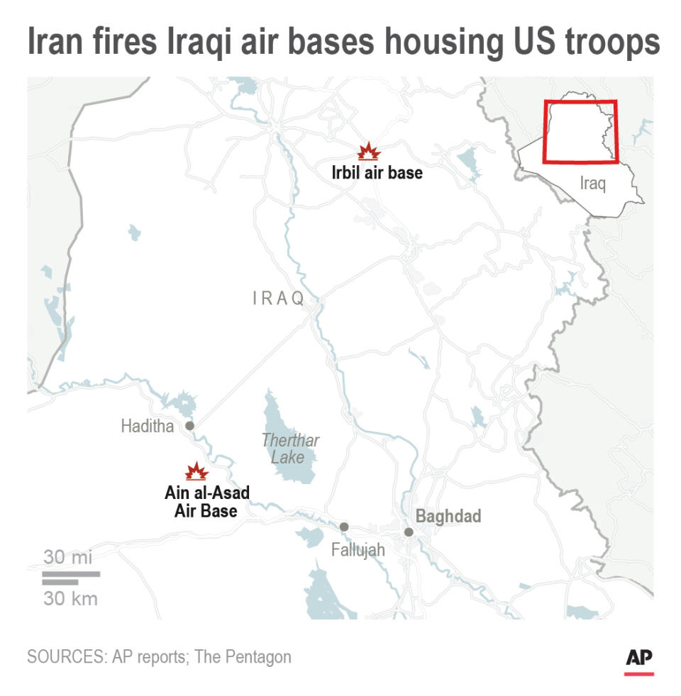 Map shows Iran missile strikes against two Iraqi air bases housing U.S. troops; 2c x 3 1/2 inches; 96.3 mm x 88 mm;