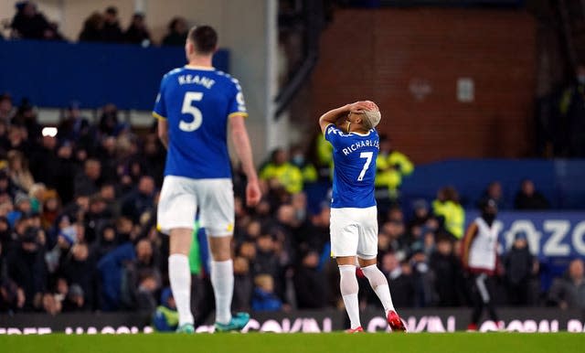 Everton’s Richarlison reacts after having a second goal against Arsenal ruled out by VAR at Goodison Park last season (Martin Rickett/PA)