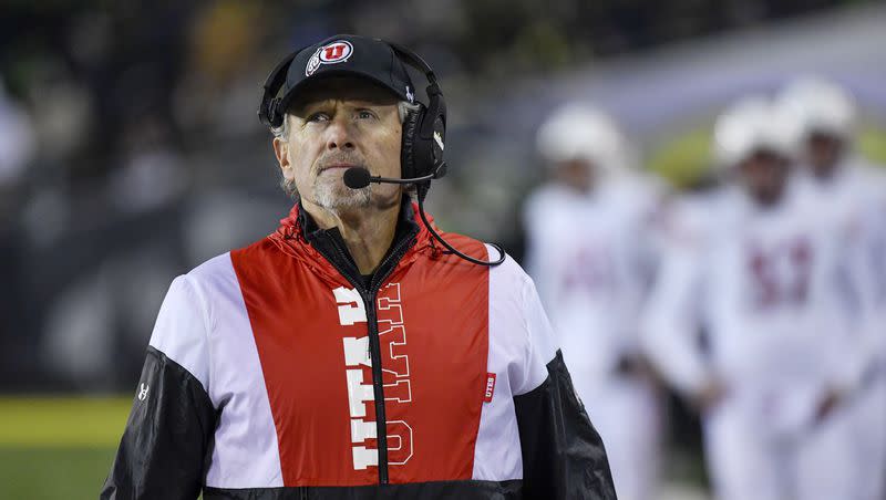 Utah head coach Kyle Whittingham looks at the scoreboard after taking a timeout against Oregon during an NCAA college football game Saturday, Nov. 19, 2022, in Eugene, Ore.