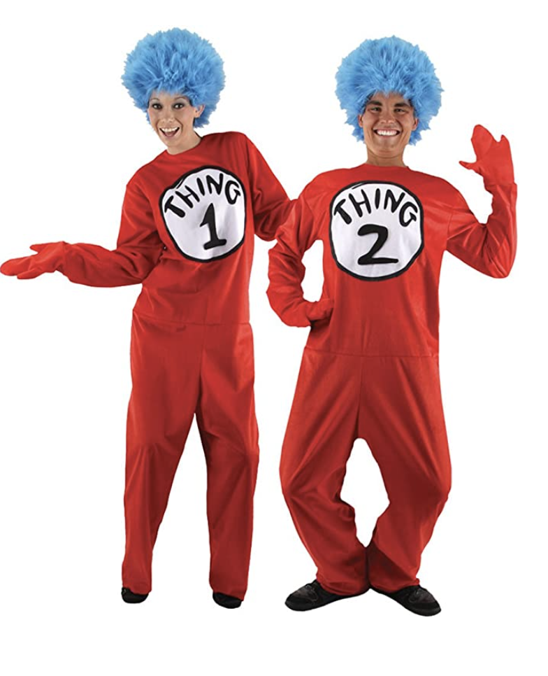 couples halloween costumes thing 1 and thing 2 from 'cat in the hat'
