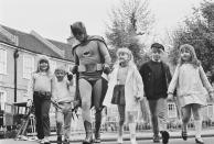 <p>Adam West dressed as Batman for the filming of a road safety ad for children, May 7, 1967. (Photo: Watson/Express/Hulton Archive/Getty Images) </p>