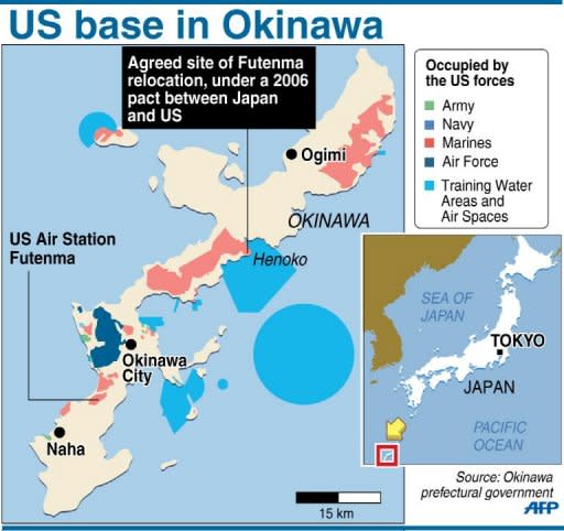 Map of Okinawa locating the US bases in Japan, including the Futenma Air Station. Under the 2006 agreement between previous governments, the United States planned to shut the flashpoint Futenma base in Okinawa, which has long been a source of grievance as it lies in a crowded urban area