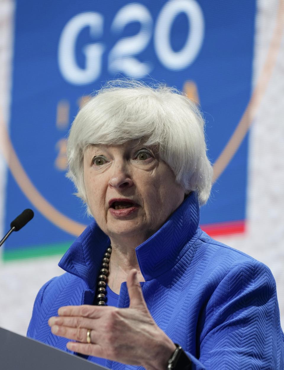 United States Secretary of the Treasury Janet Yellen speaks during a press conference at a G20 Economy, Finance ministers and Central bank governors' meeting in Venice, Italy, Sunday, July 11, 2021. (AP Photo/Luca Bruno)