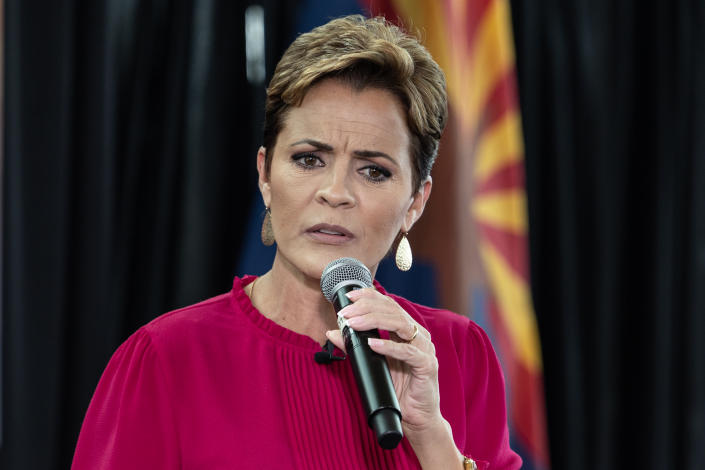 Arizona Republican gubernatorial candidate Kari Lake speaks to supporters at a campaign rally at the Dream City Church on November 07, 2022 in Phoenix, Arizona. (John Moore/Getty Images)