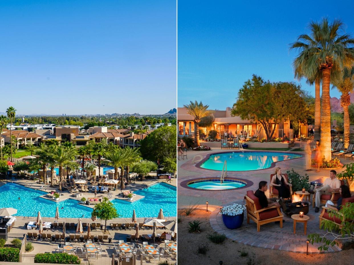 Left: A resort with pools and palm trees in front of a mountain with blue skies in the background Right: A pool lit up with palm trees around it and an adobe hotel behind it. Mountains in the background at dusk