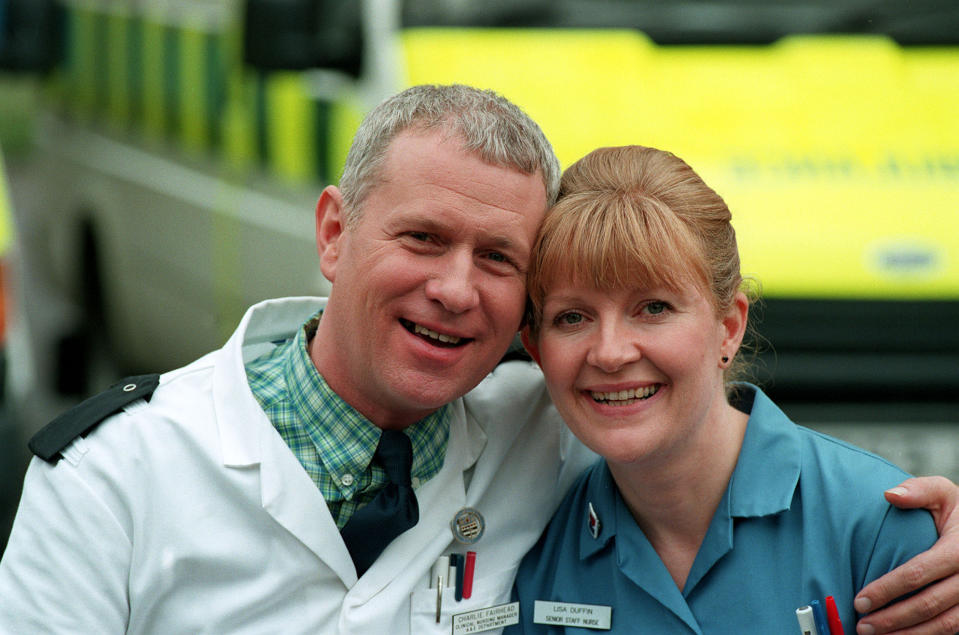 DEREK THOMPSON AND CATHY SHIPTON WHO PLAY NURSES CHARLIE FAIRHEAD AND LISA (DUFFY) DUFFIN, IN THE BBC TV HOSPITAL DRAMA, CASUALTY.   (Photo by Jay Williams - PA Images/PA Images via Getty Images)