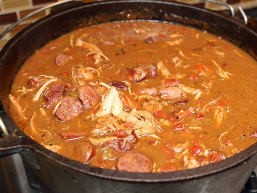 Gumbo in a large pot on a stove