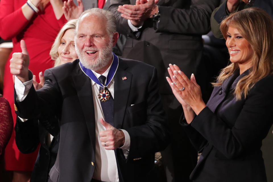 Rush Limbaugh shortly after being awarded the Presidential Medal of Freedom by First Lady Melania Trump during President Donald Trump's State of the Union address in 2020. (Photo: Jonathan Ernst / Reuters)