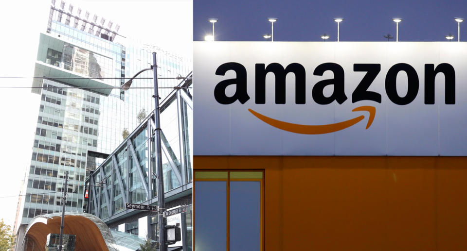 Amazon, whose Vancouver office is seen on the left in this composite image, is hiring a substantial number of people from the area. (Wikimedia/Reuters)