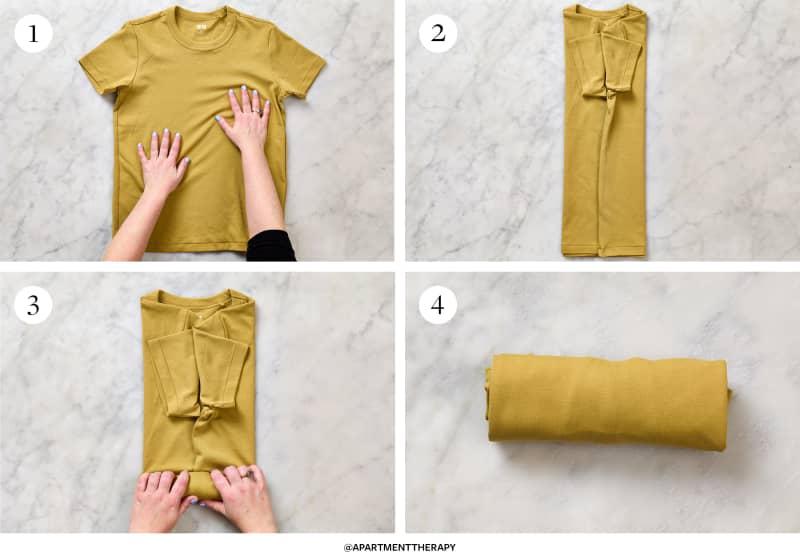 4 steps showing how to fold a shirt: rolling method