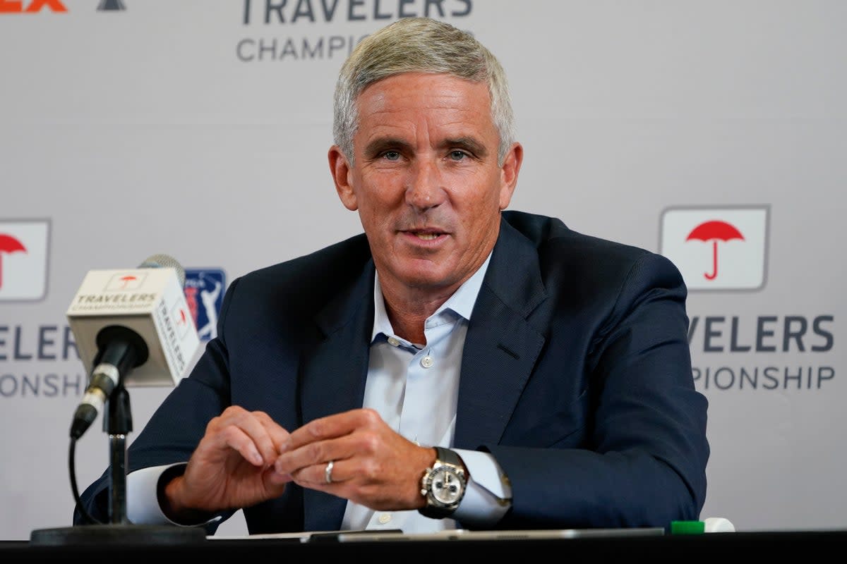 PGA Tour Commissioner Jay Monahan speaks during a news conference  (AP)