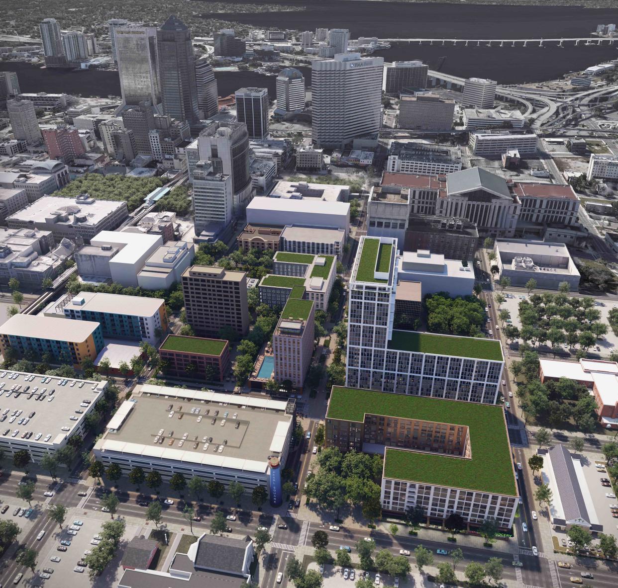 A rendering of Gateway Jax LLC's proposed "Pearl Street District." The company plans a mixed-use development to include restaurants and retail.
