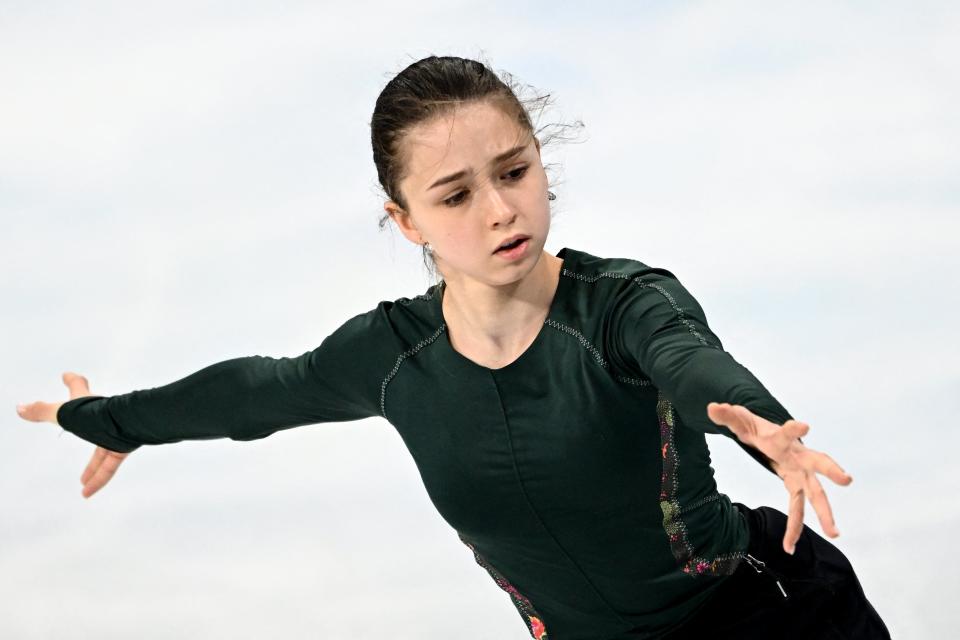 Russia’s Kamila Valieva attends a training session on 11 February 2022 prior the Figure Skating Event at the Beijing 2022 Olympic Games (AFP via Getty Images)