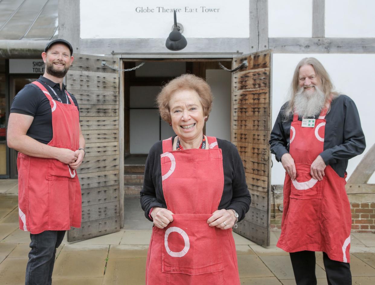 <p>L-R: Brian Allen, Cathie Delaney and Terry Pope prepare to welcome audiences back to Shakespeare’s Globe</p> (Matt Writtle)