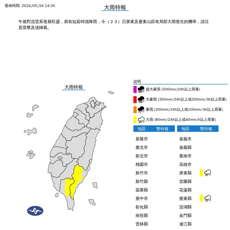 屏東縣山區、台東縣山區大雨特報。（圖／氣象署）