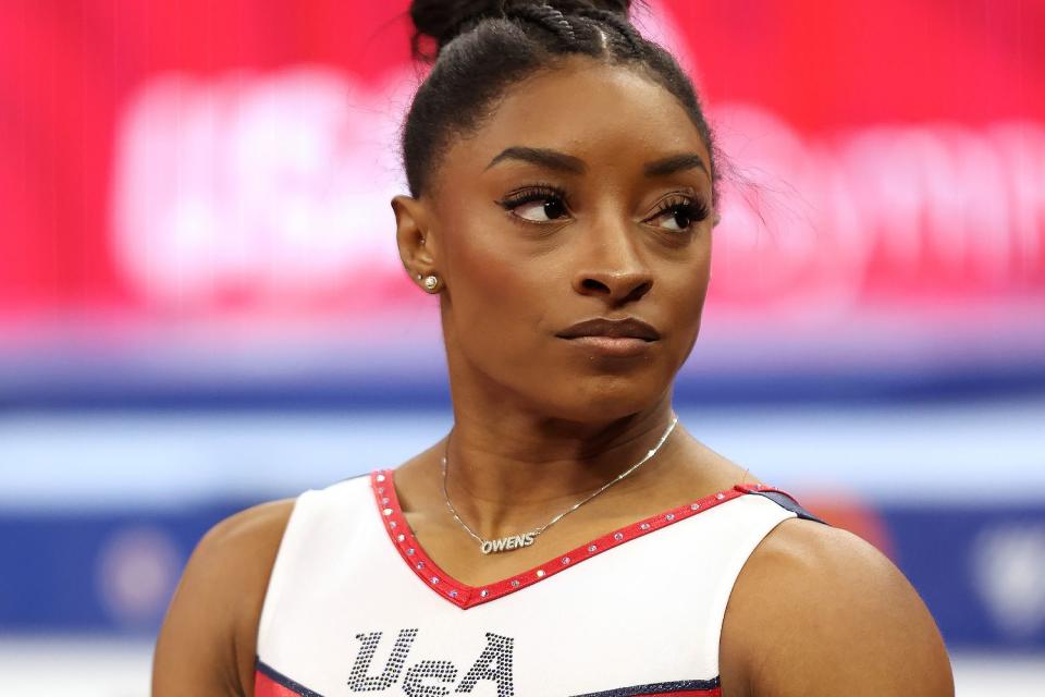 <p>Jamie Squire/Getty </p> Simone Biles looks on prior to Day 4 of the 2024 U.S. Olympic gymnastics trials on June 30