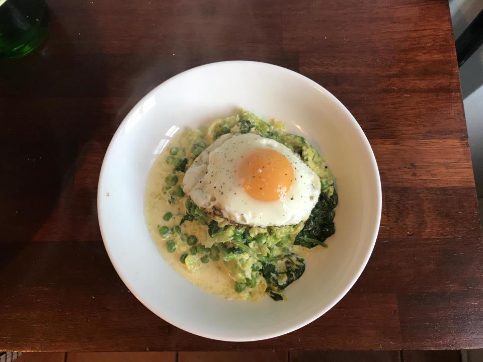 Victoria Stewart's attempt at green spinach, sprouts and frozen peas