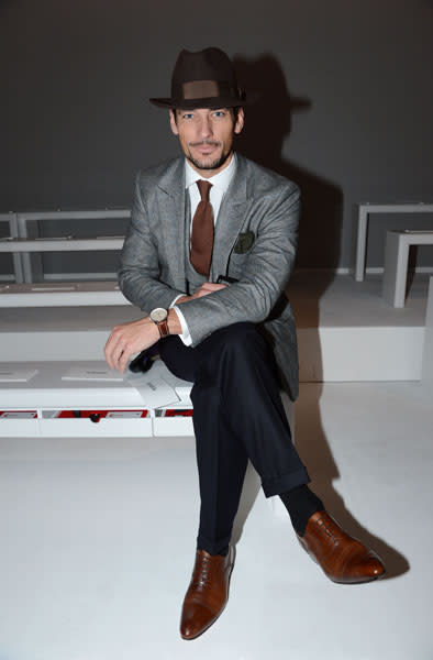 <b>David Gandy<br></b><br>Mollie King's ex looked dapper in a grey suit, fedora and tan brogues at the Lee Roach fashion show.