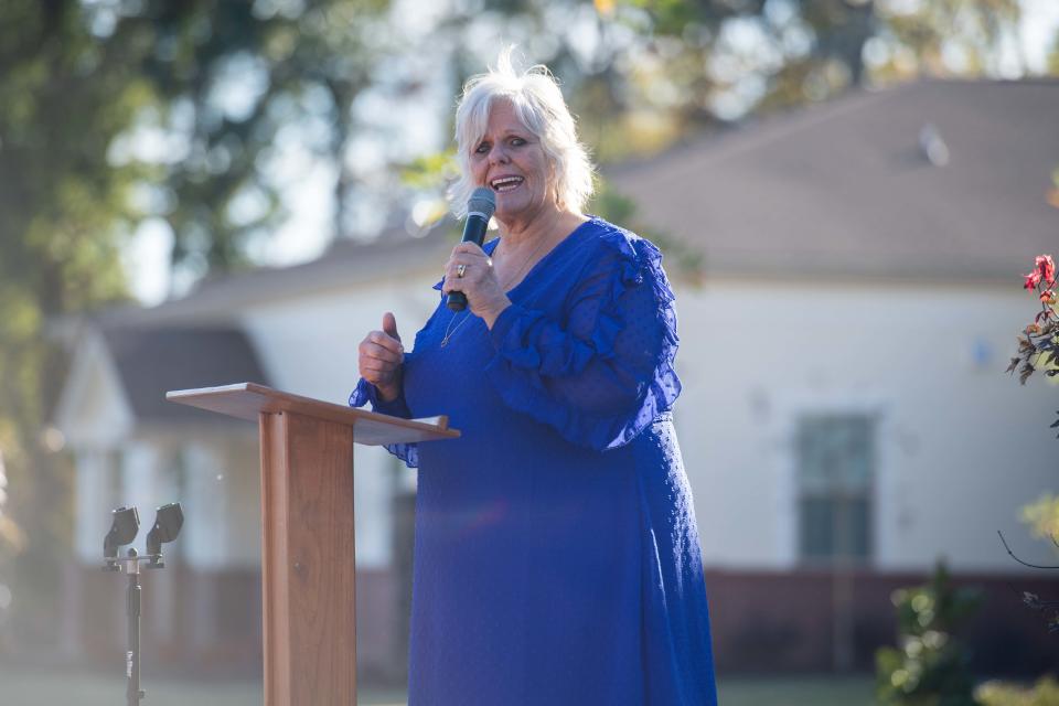 Dream Center Executive Director Gail Gustafson speaks during the Dream Center Ribbon Cutting unveiling in Jackson, Tenn., on Thursday, Nov. 2, 2023.
