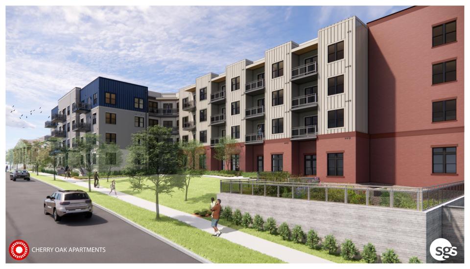 Renderings show design plans for the 96-unit mixed-income Cherry Oak Apartments development next to the Metropolitan Development and Housing Agency's headquarters in East Nashville.