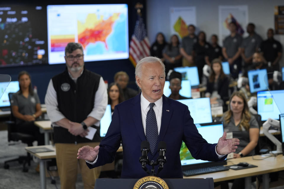 President Joe Biden speaks during a visit to the D.C. Emergency Operations Center, Tuesday, July 2, 2024, in Washington. (AP Photo/Evan Vucci)