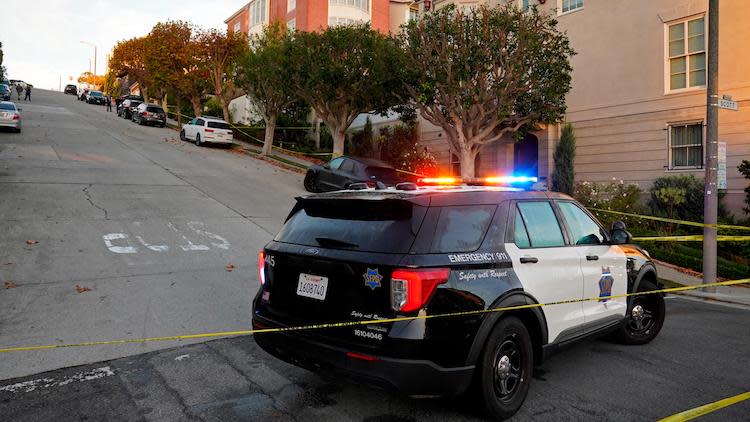 Police car in front of Nancy Pelosi's House where her husband, Paul Pelosi, was attacked.