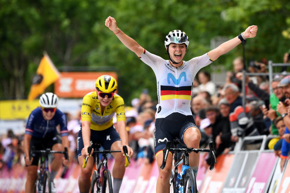 MAURIAC FRANCE  JULY 24 Liane Lippert of Germany and Movistar Team celebrates at finish line as stage winner during the 2nd Tour de France Femmes 2023 Stage 2 a 1517km stage from ClermontFerrand to Mauriac  UCIWWT  on July 24 2023 in Mauriac France Photo by Alex BroadwayGetty Images