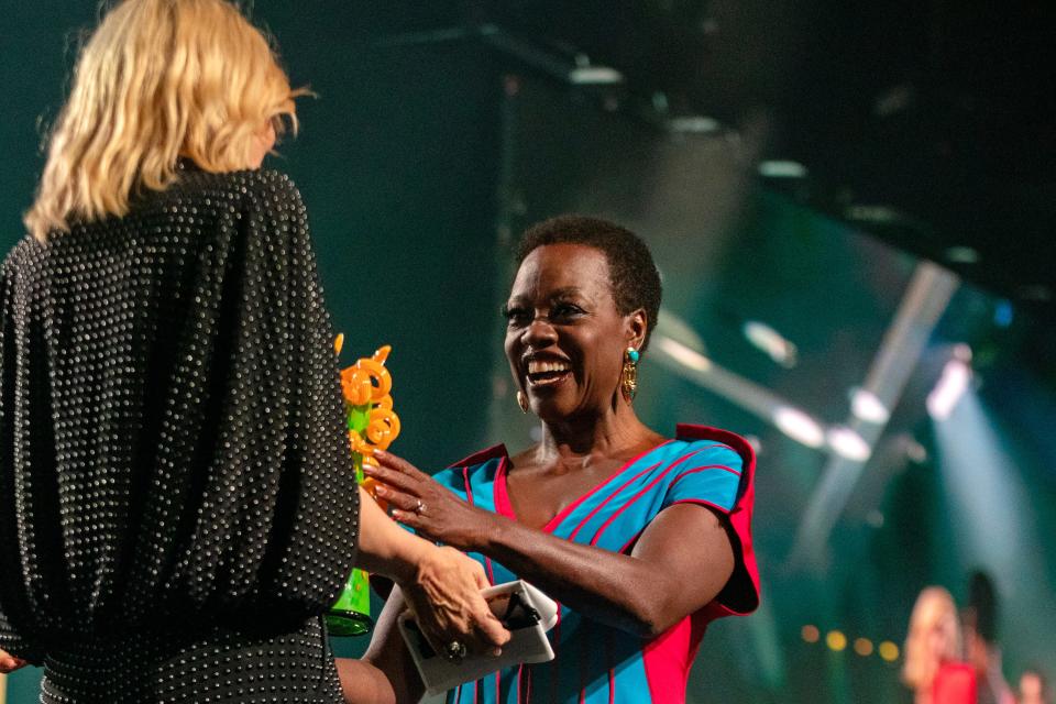 Viola Davis receives the Chairman's Award for acting and producing "The Woman King" during the 34th Annual Palm Springs International Film Festival in Palm Springs, Calif., on Thursday, Jan. 5, 2023. 