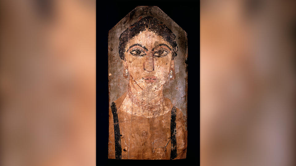 This portrait, painted on wood between A.D. 300 and 400, shows a woman wearing pearl earrings.